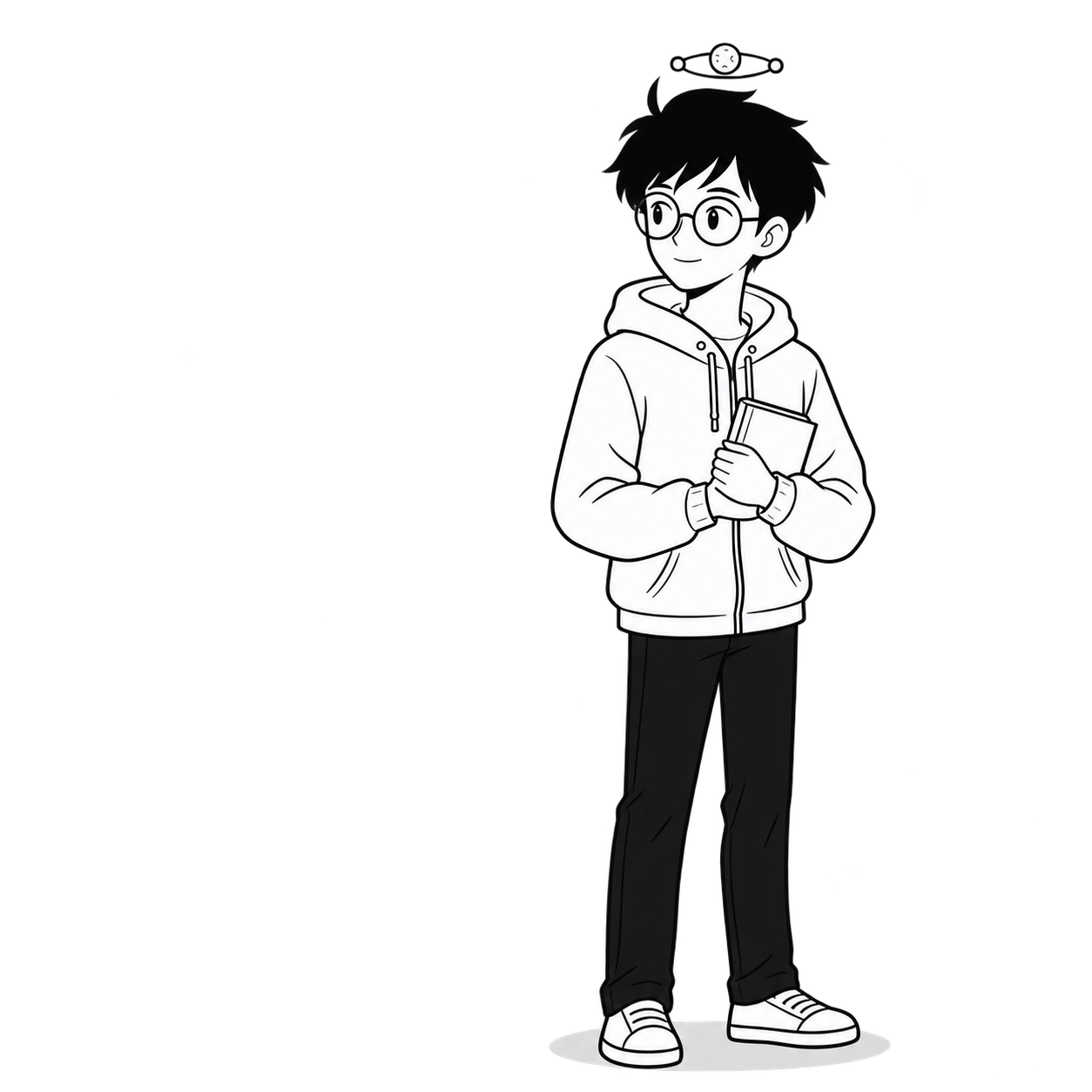 Moon 青年创作者形态，戴圆框眼镜，手持笔记本并望向左侧