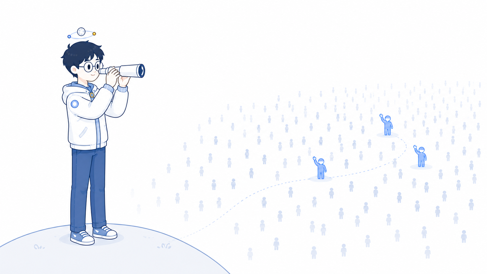 Moon 青年创作者形态，戴圆框眼镜，使用望远镜观察远方